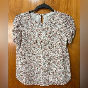 LOFT Blouse with Cream w/ Floral Print & Puff Gathered Sleeves Size XS Petite